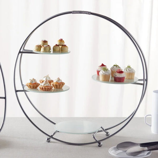 4 Tier Silver Round Stand with Frosted Glass Plates