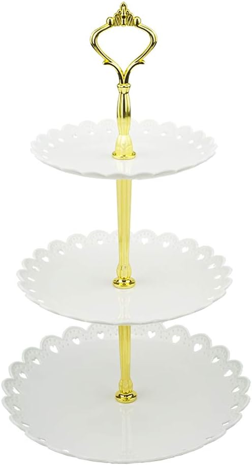 3-Tier White Gold Plastic Dessert Stand