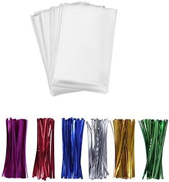 200 Treat Bags 3x4 with 200 Twist Ties 4" 6 Mix Colors