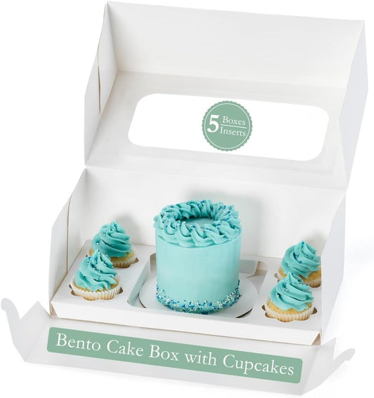 5 Sets: Cupcake and Cake Boxes Fit 4 Regular Cupcakes and Mini Cake