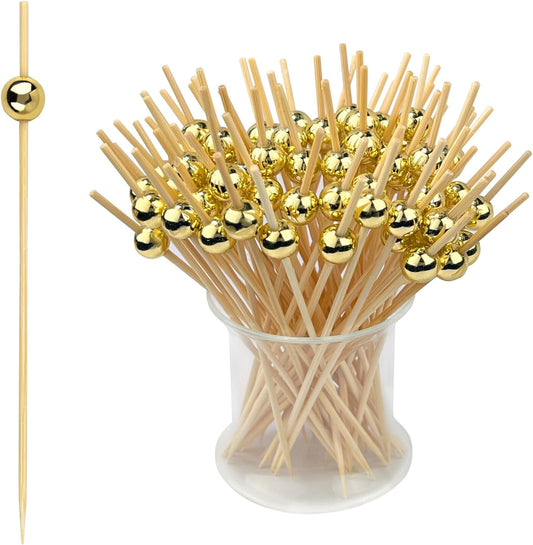 Cocktail Picks - 100 Pcs 4.7 Inch Gold Pearl Bamboo Skewers