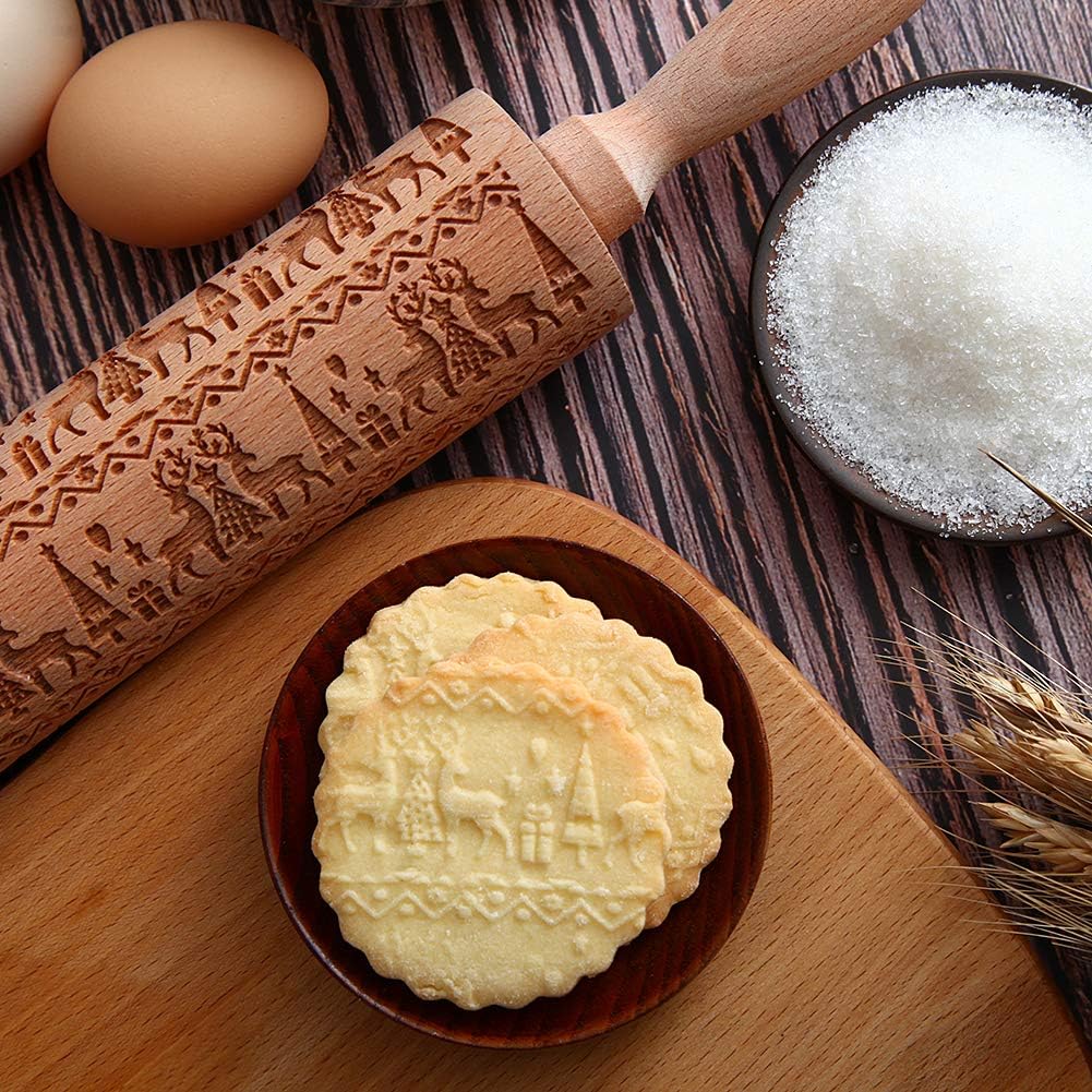 Christmas Wooden Rolling Pin Deep Embossed with Christmas