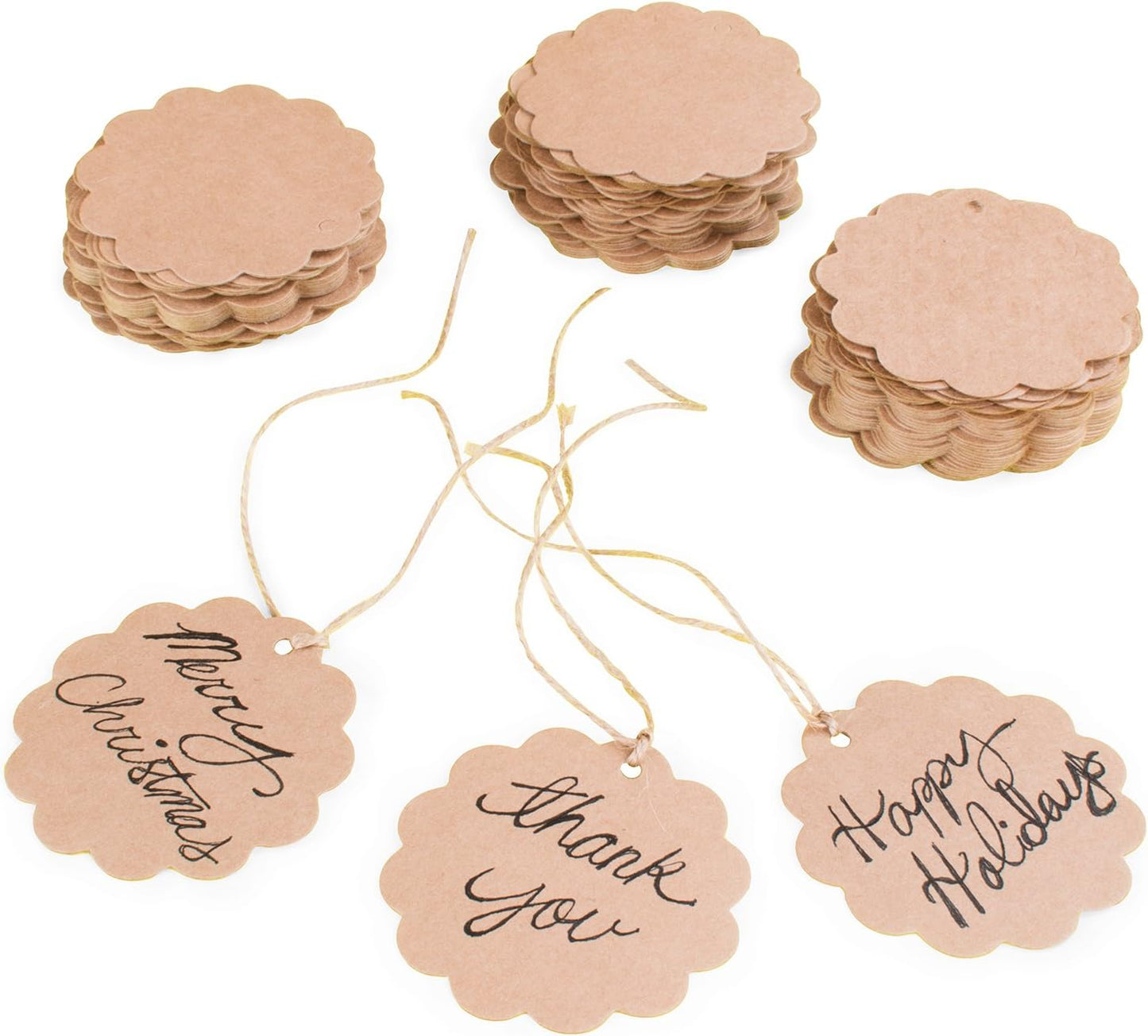 Brown Craft Scalloped Paper Label Tags with Jute Twines String