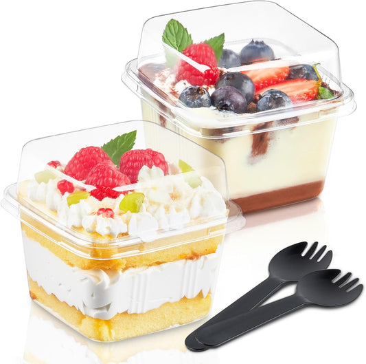 50 Pack 8 oz Square Plastic Dessert Cups with Lids and Sporks