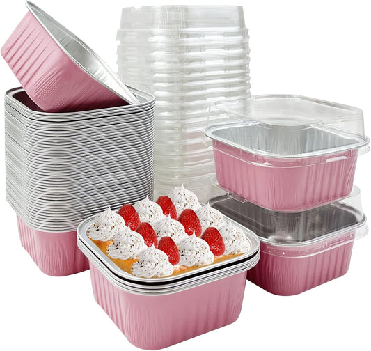 50 Pcs Aluminum Foil Mini Square Baking Cups with Lids,5oz PINK