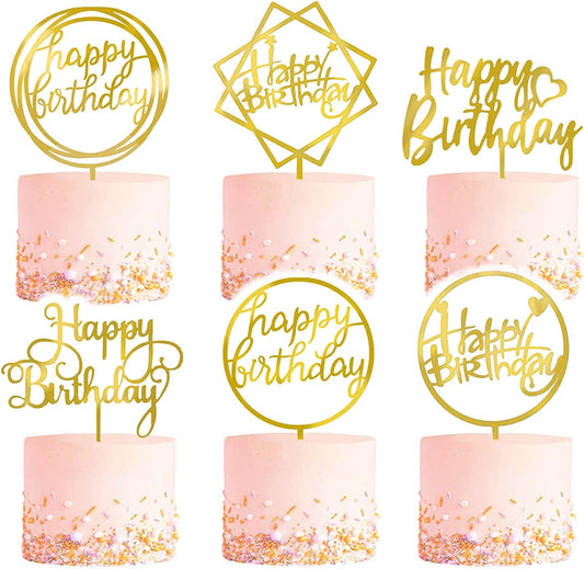 6-Pack Gold Birthday Cake Topper Set,