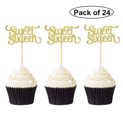 24 Gold Sweet Sixteen Cupcake Toppers