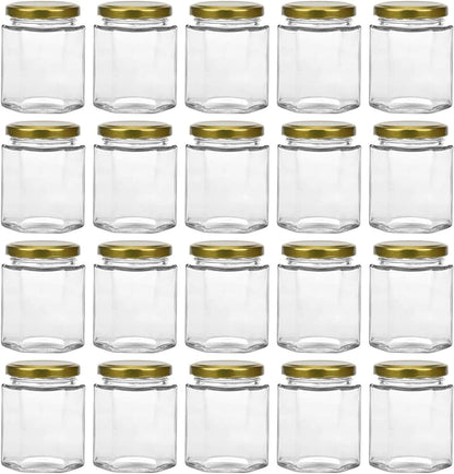 20 Pack 6oz Hexagon Glass Jars with Gold Plastisol Lined Lids and Labels