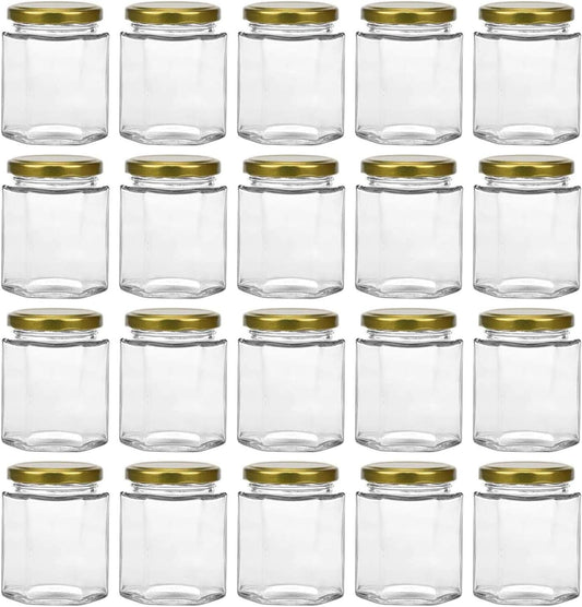 20 Pack 6oz Hexagon Glass Jars with Gold Plastisol Lined Lids and Labels