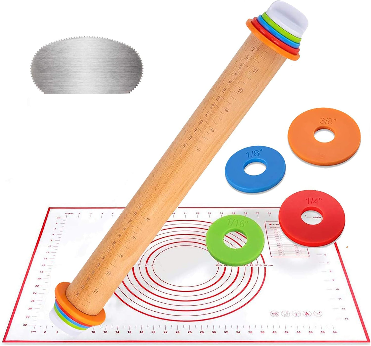 Rolling Pin Wood Adjustable Rolling Pin with Silicone Baking Mat and Stainless Steel Cake Scraper