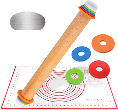 Rolling Pin Wood Adjustable Rolling Pin with Silicone Baking Mat and Stainless Steel Cake Scraper