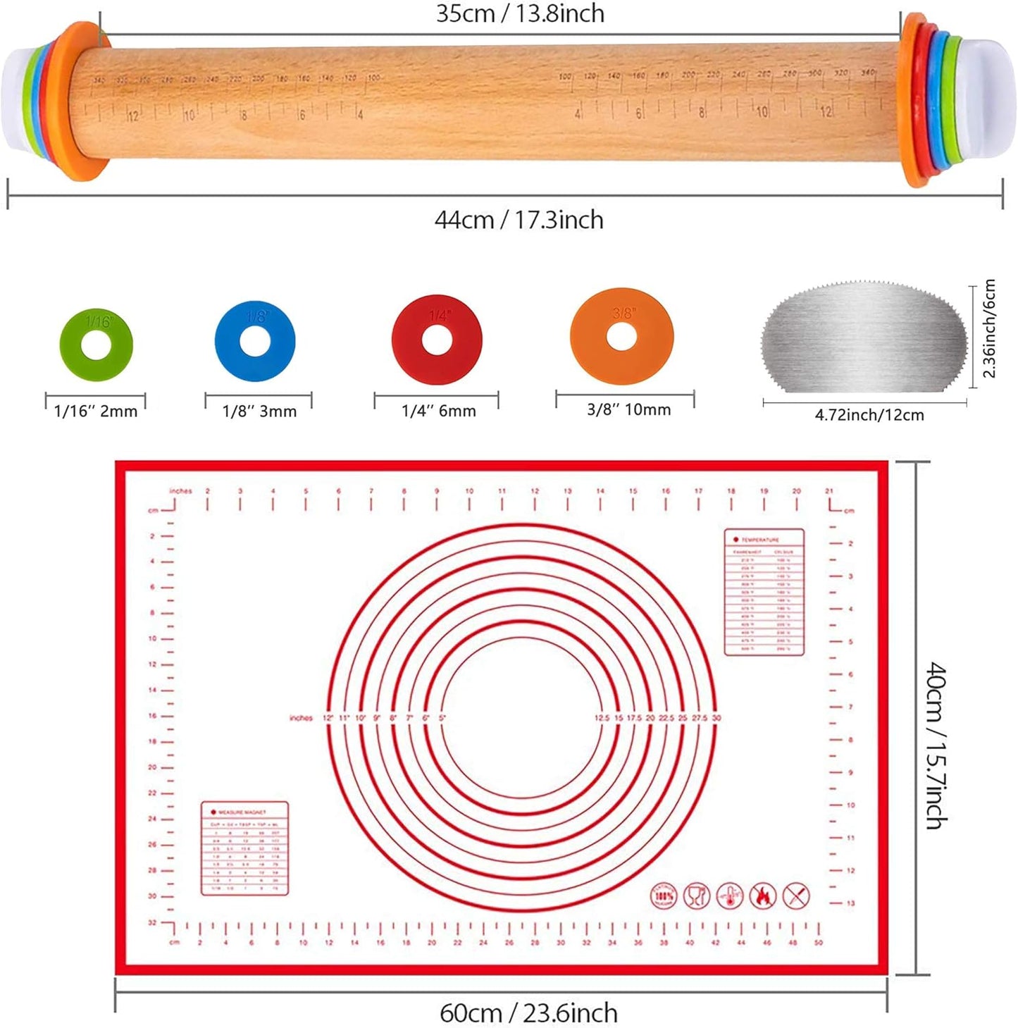 Rolling Pin Wood Adjustable Rolling Pin with Silicone Baking Mat and Stainless Steel Cake Scraper