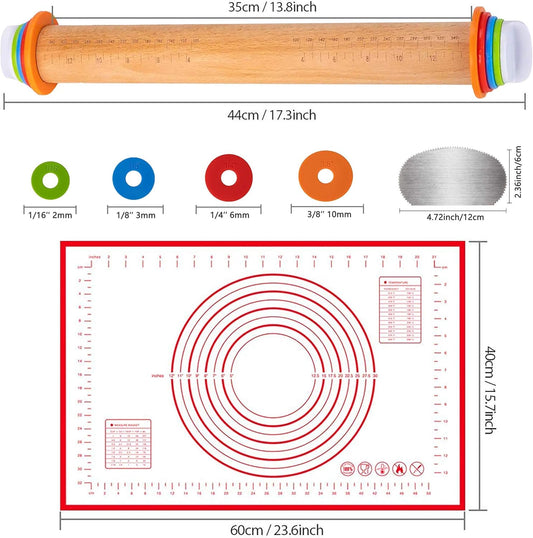 Rolling Pin Wood Adjustable Rolling Pin with Silicone Baking Mat and Stainless Steel Cake Scraper