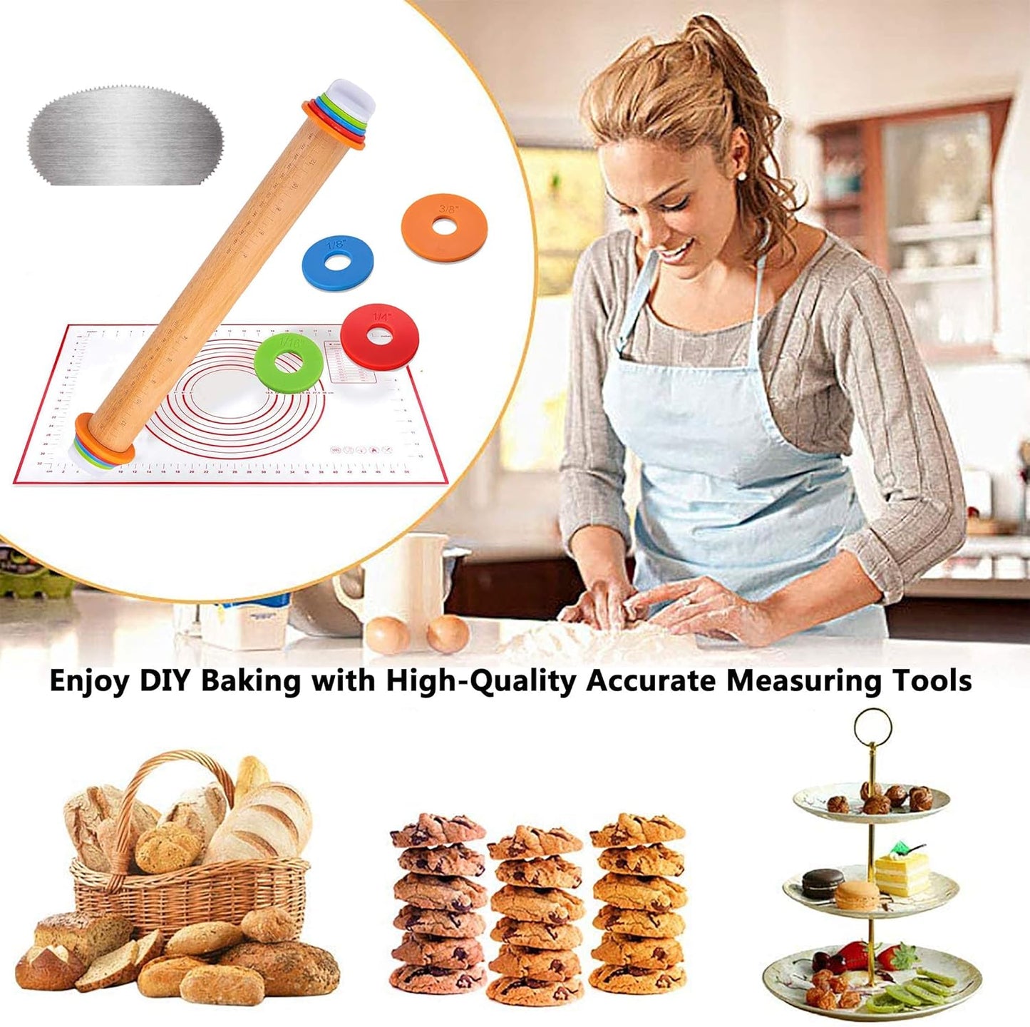 Rolling Pin Wood Adjustable Rolling Pin with Silicone Baking Mat and Stainless Steel Cake Scraper