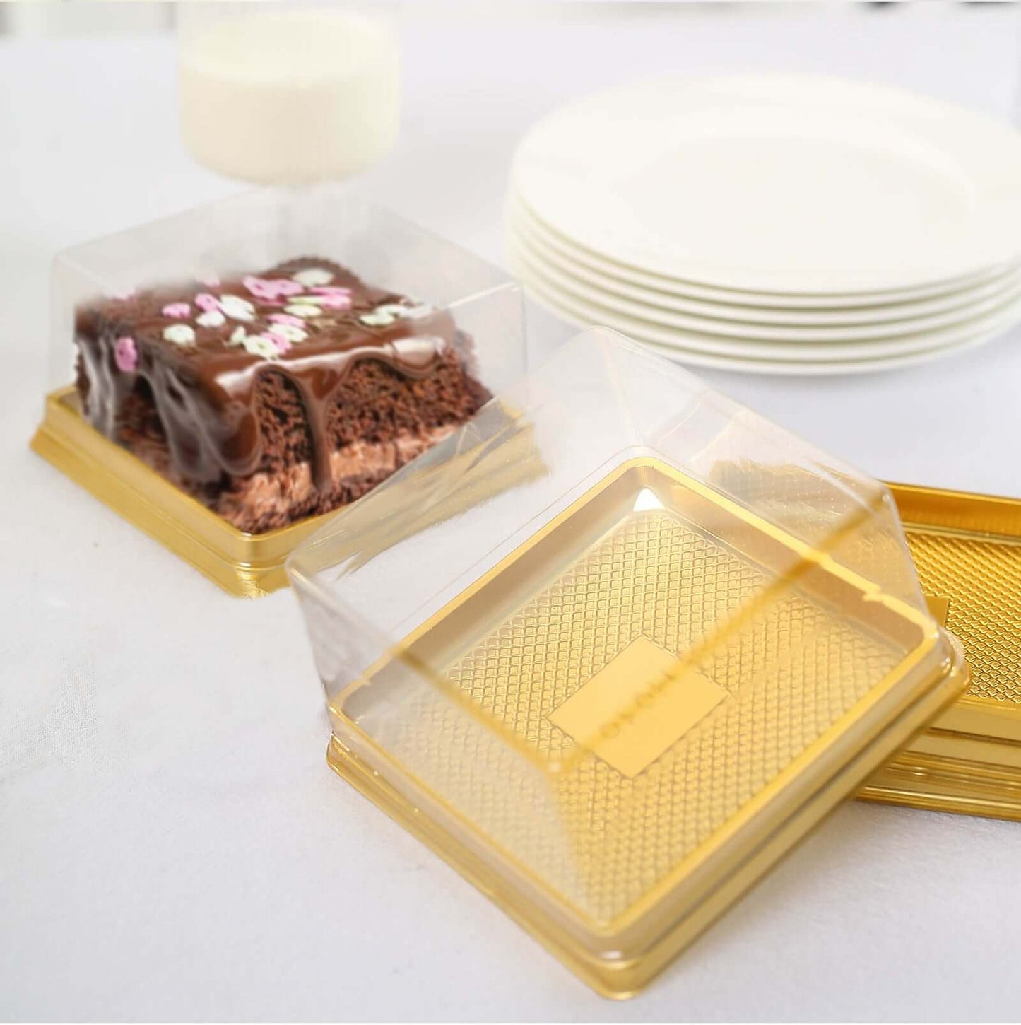 50 Pack Clear / Gold Square Mini Plastic Dessert Party Favor Boxes