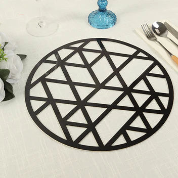 6 Pack Black Laser Cut Geometric Triangle Placemats, 13" Round Disposable Cardboard Dining Table Mats