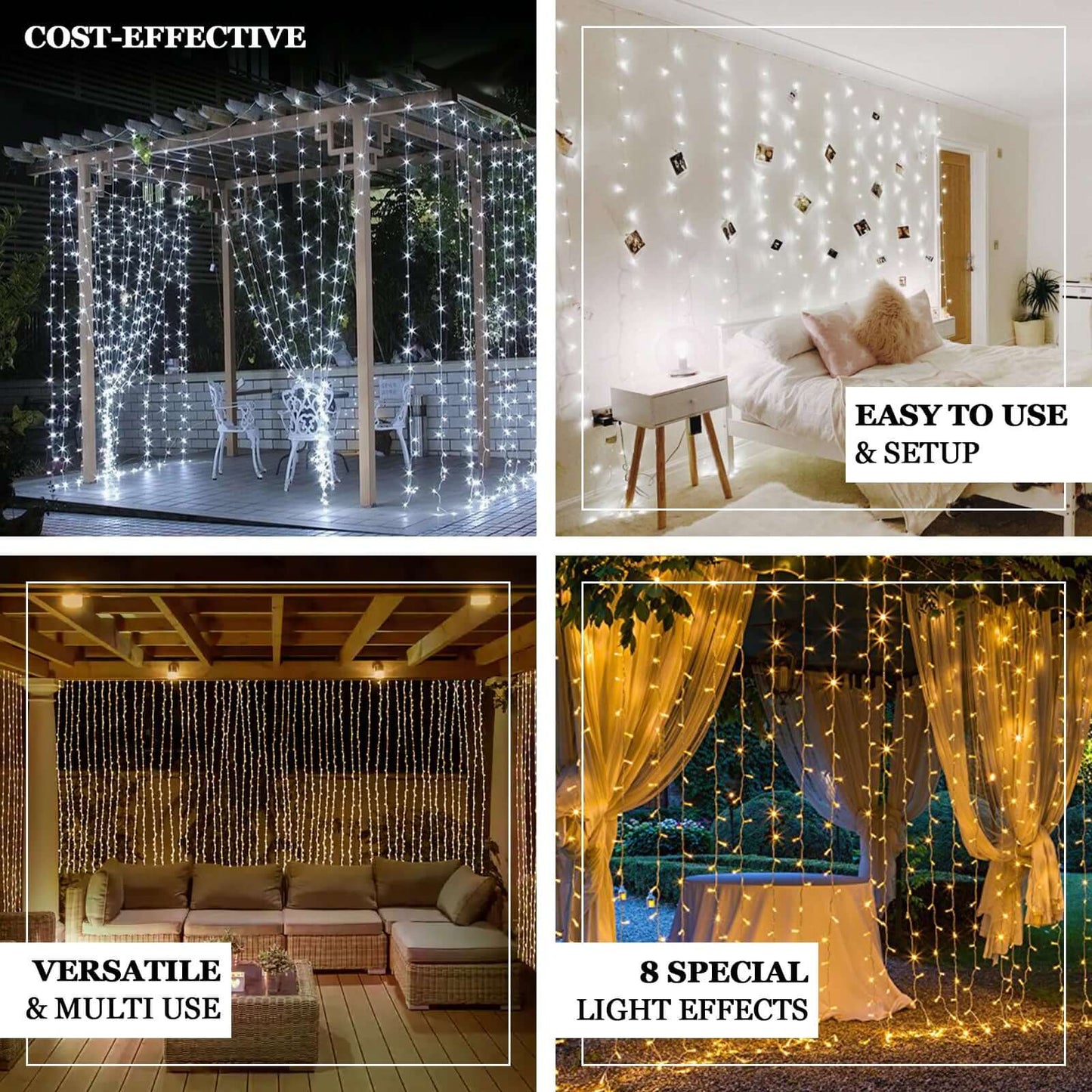 Cool White 300 LED Icicle Curtain Fairy String Lights with 8 Modes 10ft