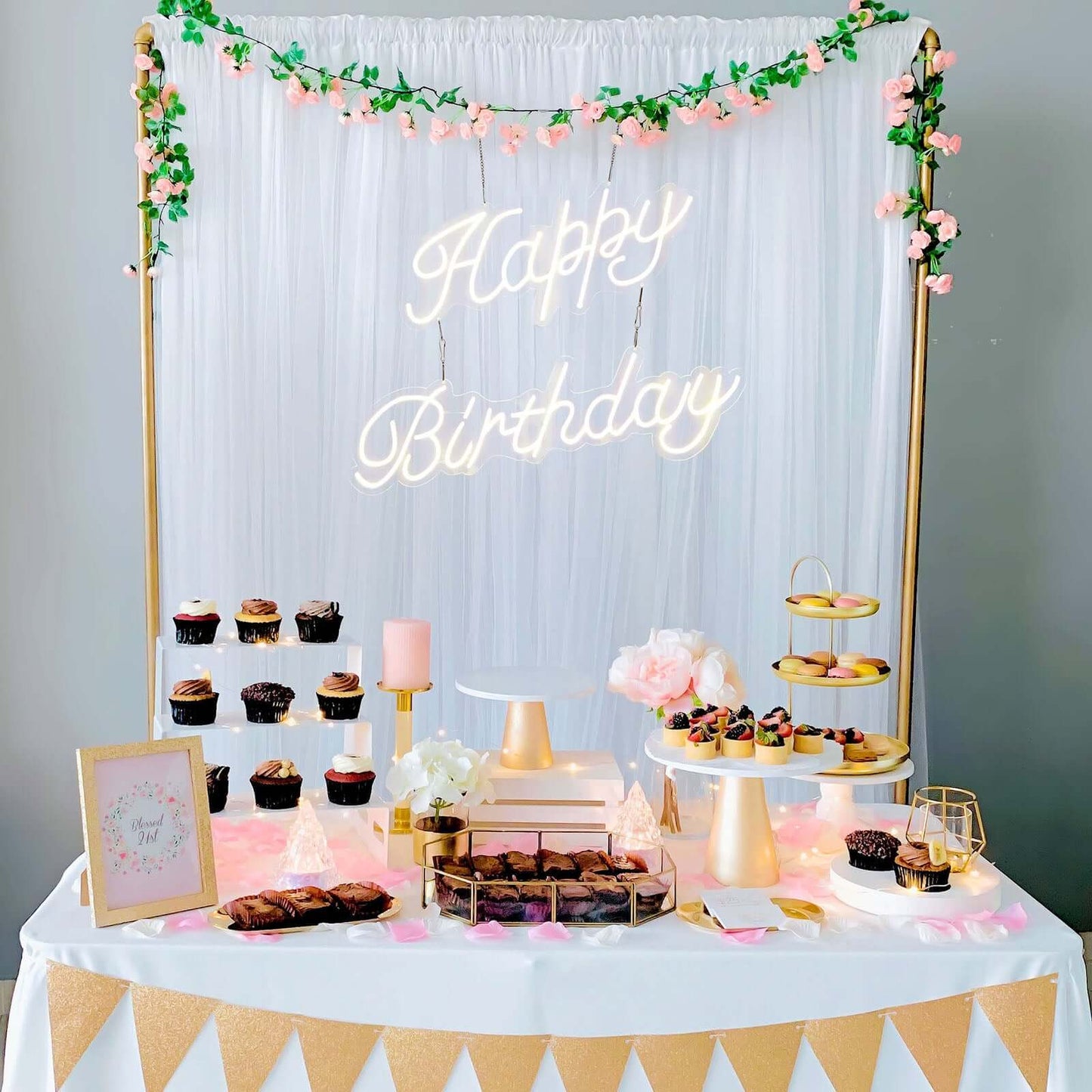 Happy Birthday Neon Light Sign, LED Reusable Wall Décor Lights With 5ft Hanging Chain 32"